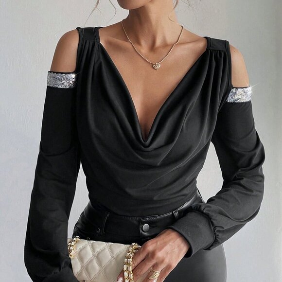 Black Elegant Women's Off-The-Shoulder Party T-Shirt - Picture 4 of 8